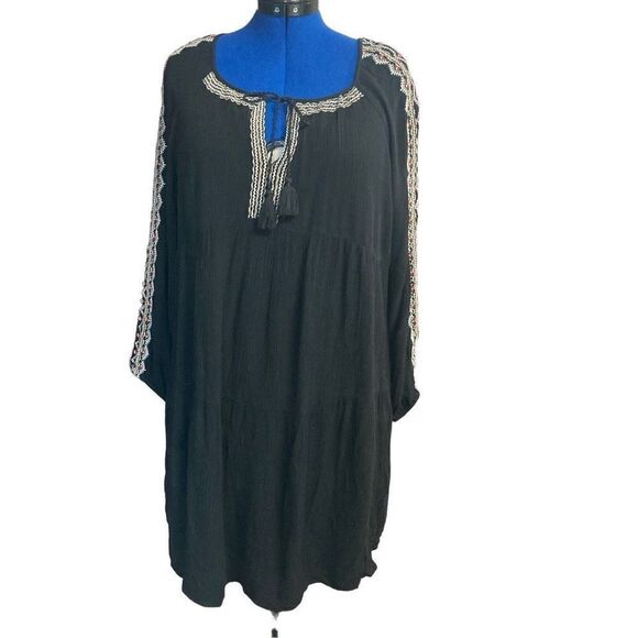 Old Navy Women’s Long Sleeves Embroidered Boho Tassel Neck Dress Black Large - Picture 1 of 11
